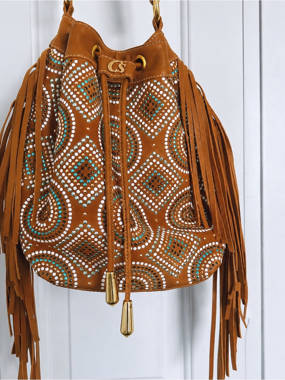 Carmen Steffens Fringed Studded Leather Shoulder Bag in Tan